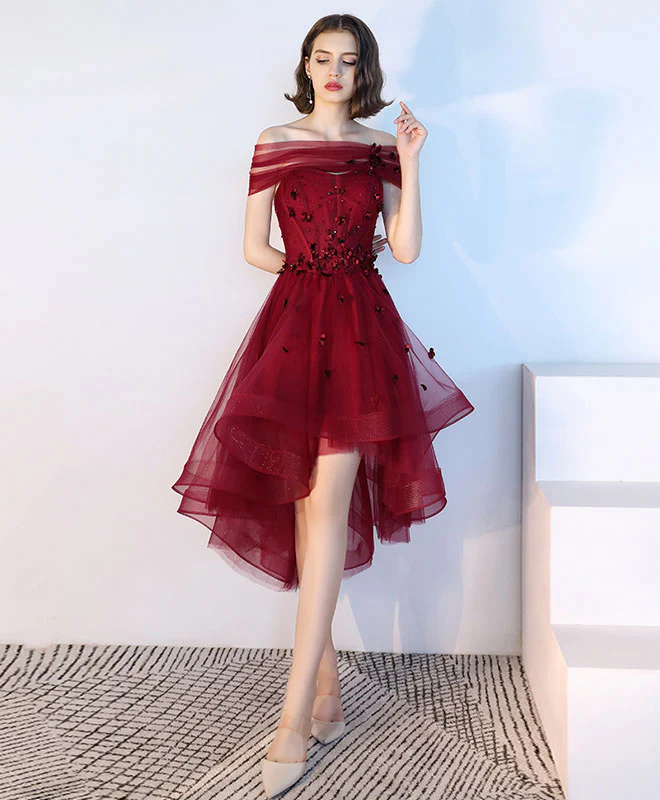 Burgundy Tulle Lace Short Prom Dress, Burgundy Tulle Evening Dress - Deanwangkt