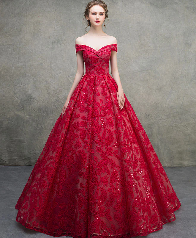 Red Off Shoulder Lace Long Prom Dress, Red Lace Long Evening Dress - Deanwangkt