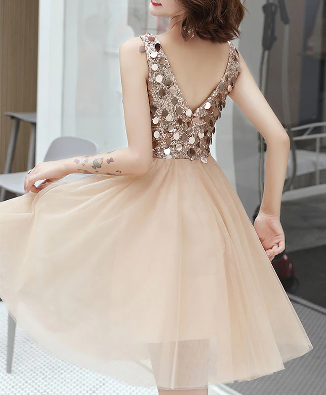 Champagne V Neck Tulle Sequin Short Prom Dress, Homecoming Dress - Deanwangkt