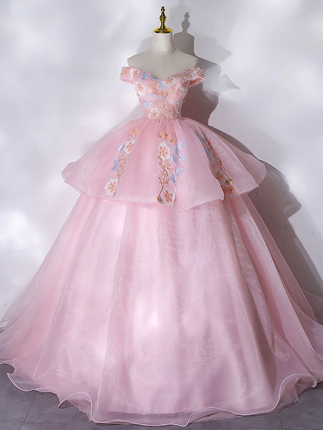 A-Line Off Shoulder Organza Lace Pink Long Prom Dress. Pink Sweet 16 Dress - Deanwangkt