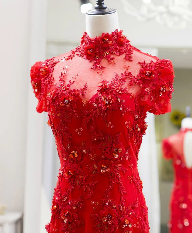 Red Tulle Lace Long Prom Dress, Red Lace Tulle Formal Dress - Deanwangkt