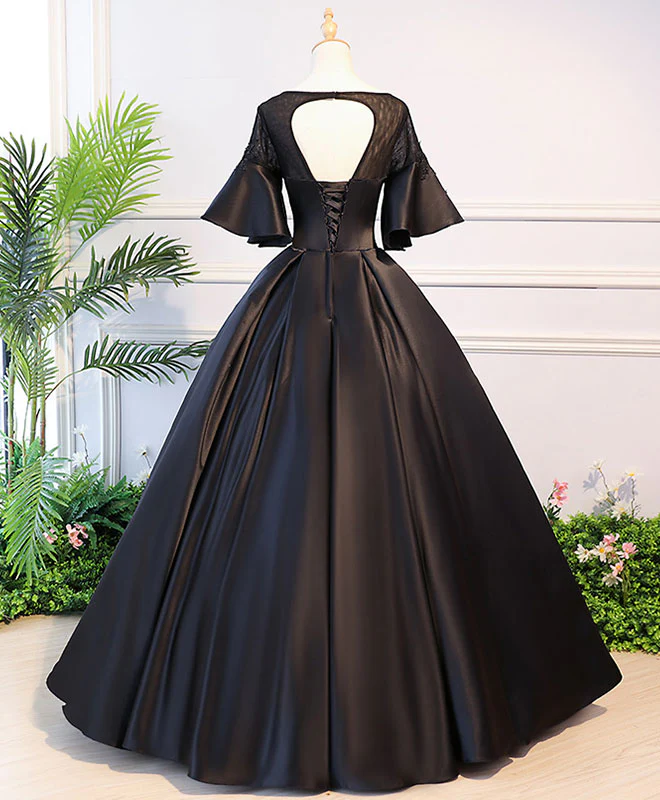 Black Round Neck Satin Lace Long Prom Dress, Sweet 16 Dress - Deanwangkt