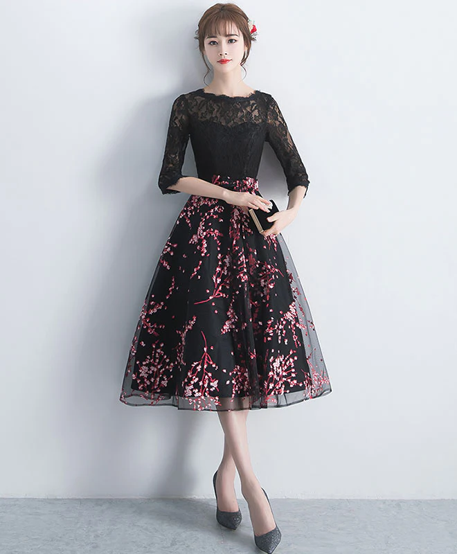 Black Lace Tulle Short Prom Dress, Black Lace Bridesmaid Dress - Deanwangkt