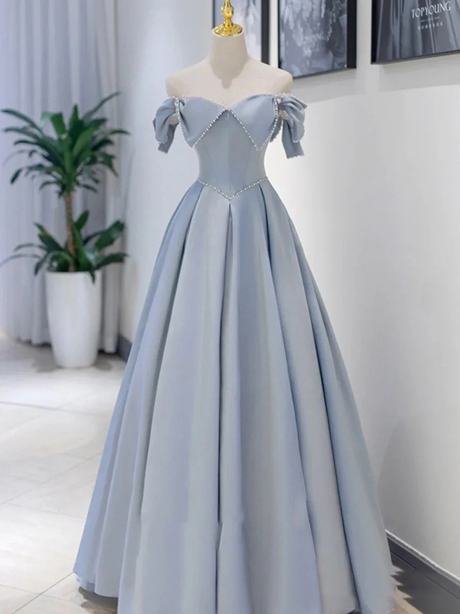 Unique Blue Satin Long Prom Dress, A line Blue Formal Graduation Party Dress - Deanwangkt