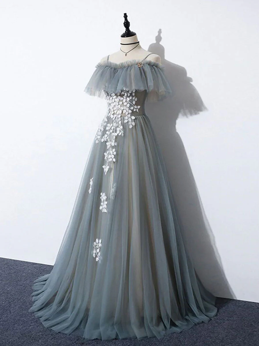 Gray Blue A line Tulle Lace Long Prom Dress, Gray Blue Graduation Dresses - Deanwangkt