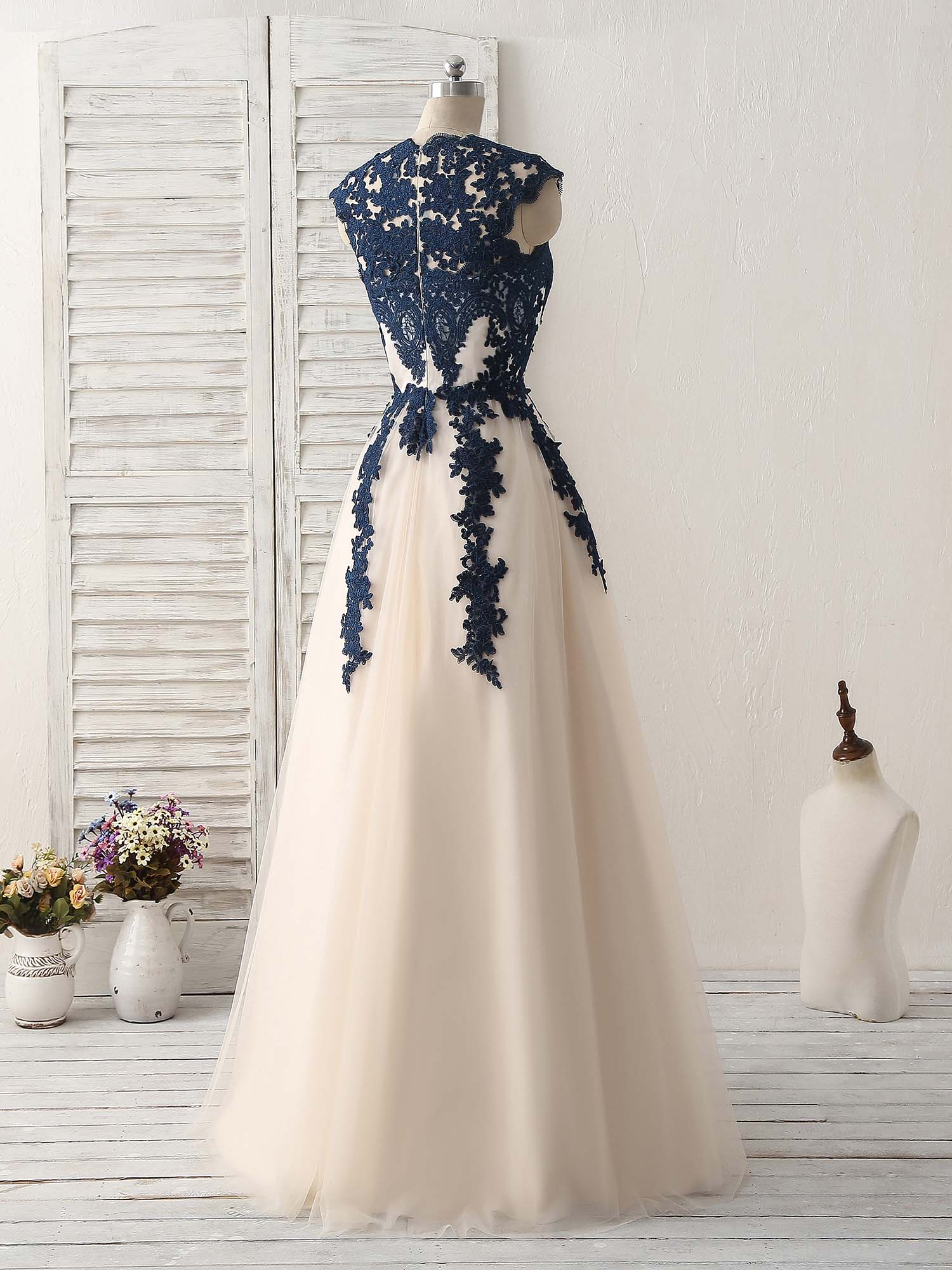 Dark Blue Lace Applique Tulle Long Prom Dress Blue Bridesmaid Dress - Deanwangkt
