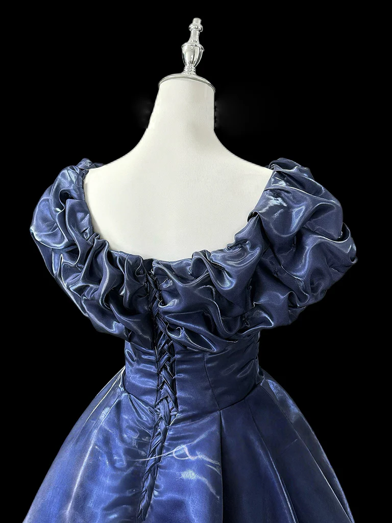 A-Line Off Shoulder Satin Dark Blue Long Prom Dress, Dark Blue Long Formal Dress - Deanwangkt