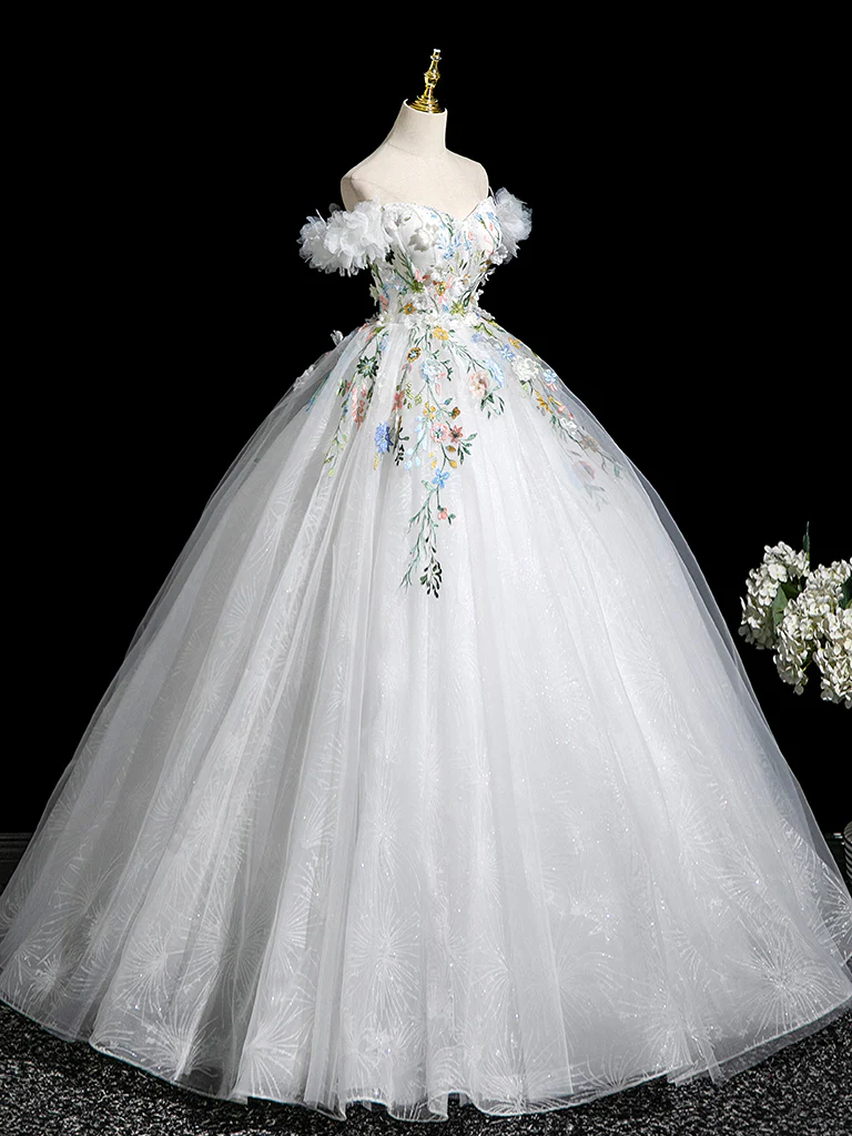 A-Line Tulle Lace White Long Prom Dress, White Long Evening Dress - Deanwangkt