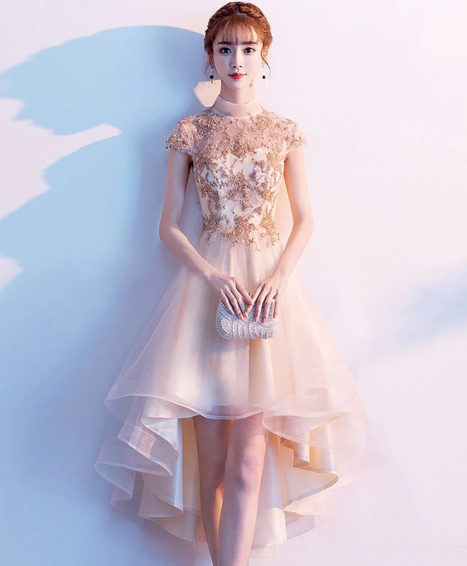 Champagne Tulle Lace High Low Prom Dress, Tulle Homecoming Dress - Deanwangkt