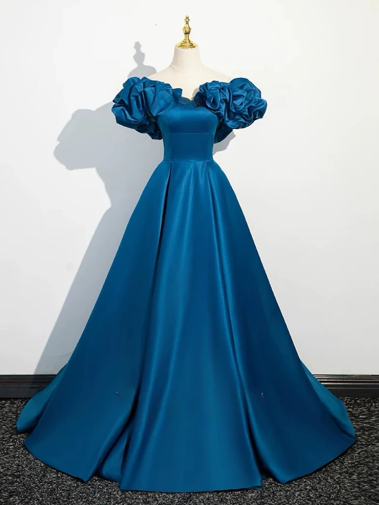 A-Line Off Shoulder Satin Blue Long Prom Dress, Blue Long Formal Dress - Deanwangkt