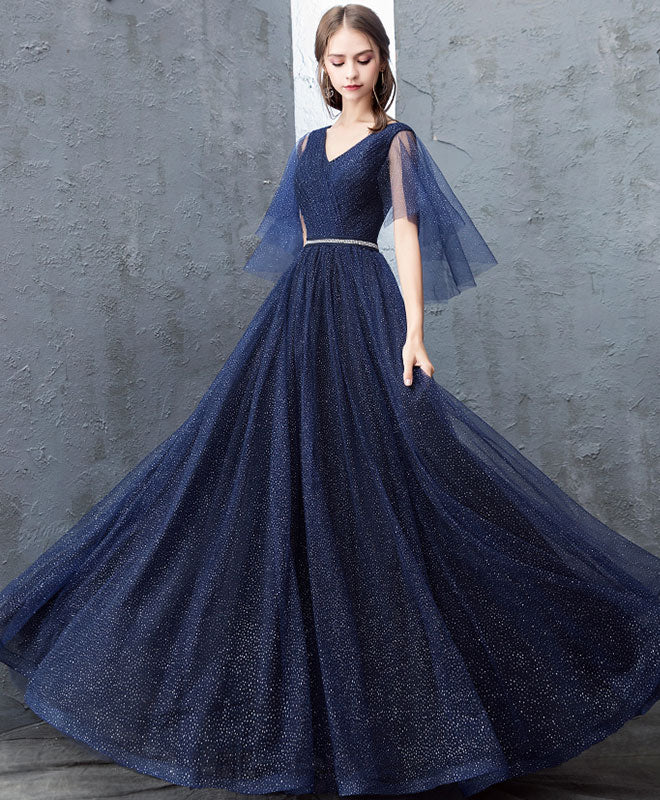 Dark Blue Sequin Tulle Long Prom Dress, Dark Blue Evening Dress - Deanwangkt