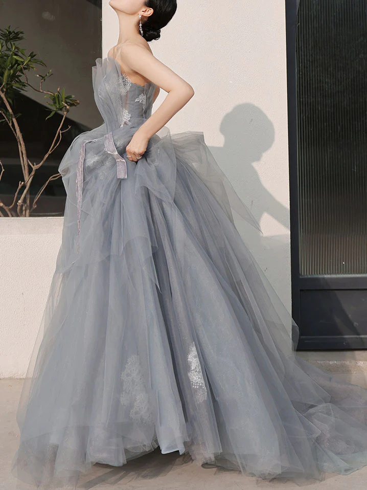 Gray Tulle Lace Long Prom Dress, Tulle Lace Evening Dress - Deanwangkt