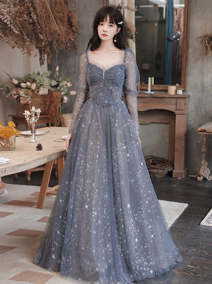 Gray Blue Tulle Lace Long Prom Dress, Gray Tulle Lace Evening Dress - Deanwangkt