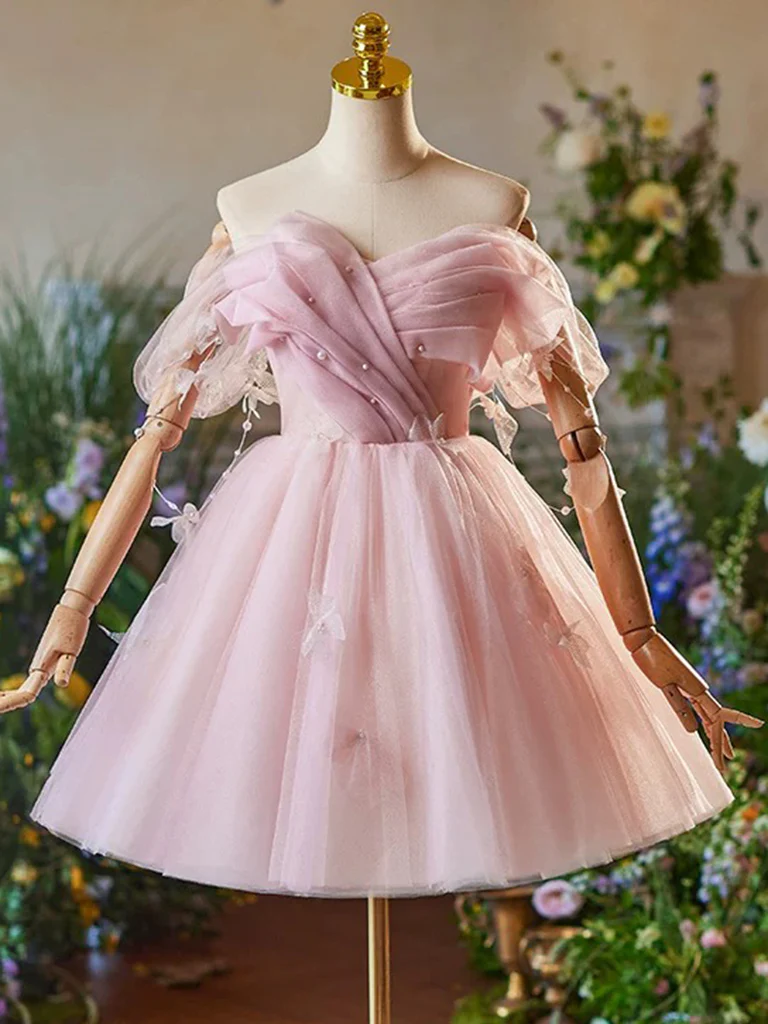 A-Line Off Shoulder Tulle Pink Short Prom Dress, Pink Homecoming Dress - Deanwangkt