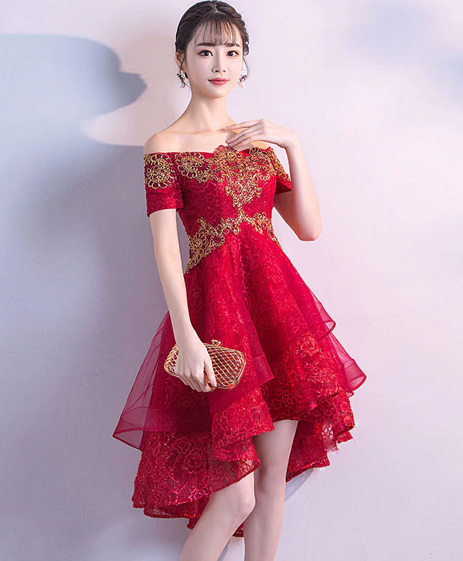 Burgundy Tulle Lace High Low Prom Dress, Burgundy Tulle Homecoming Dresses - Deanwangkt