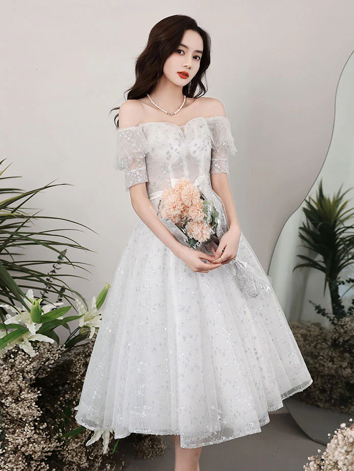 Gray White Lace Short Prom Dress White Tulle Lace Homecoming Dress - Deanwangkt