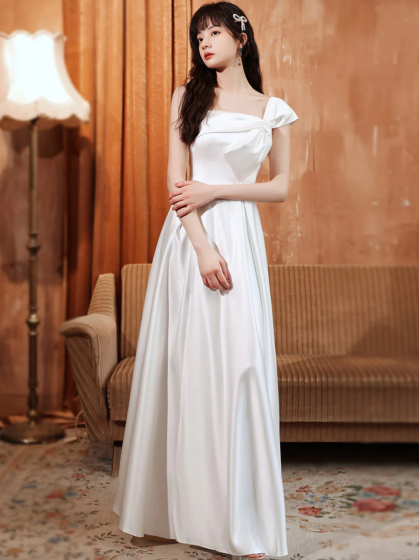 White A line Satin Long Prom Dress, White Satin Long Formal Evening Dress - Deanwangkt