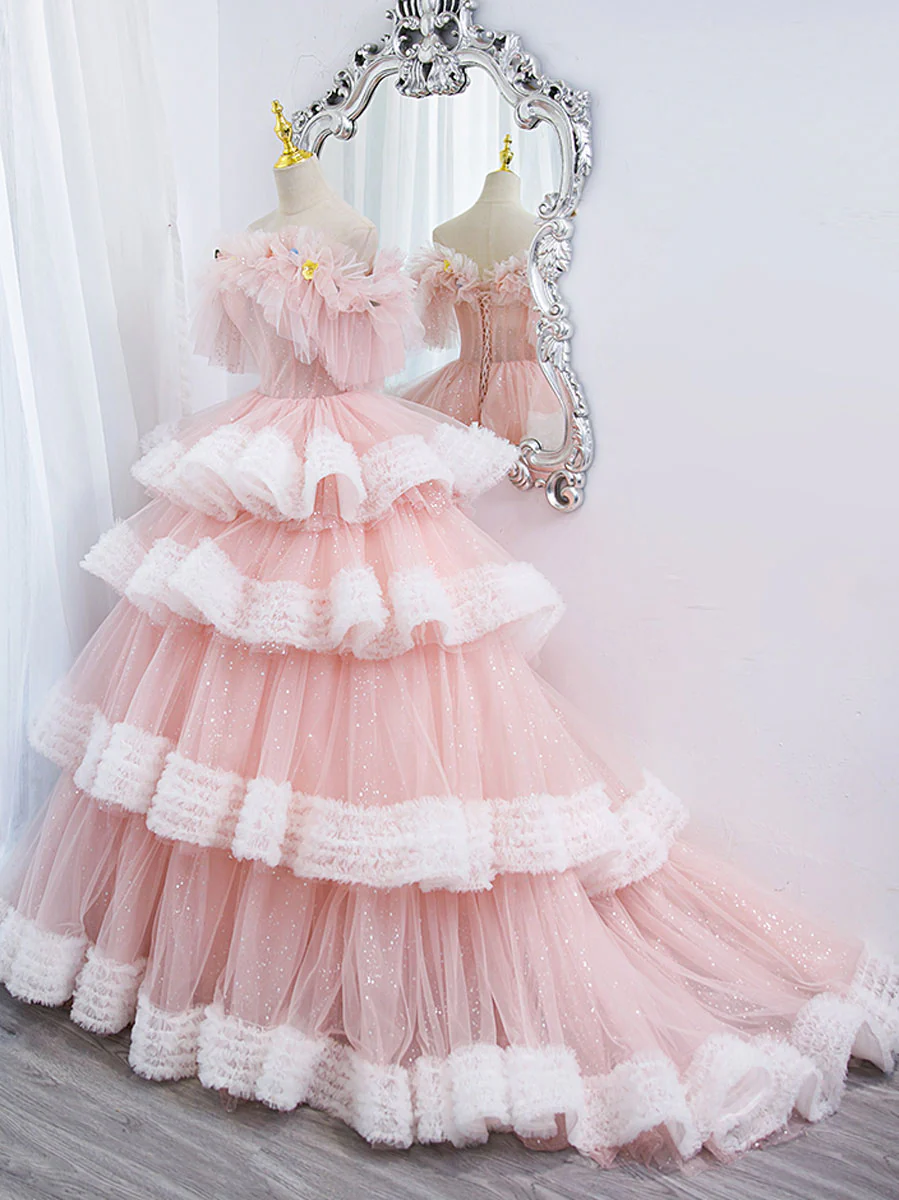 Off Shoulder Pink Long Prom Dresses, Ball Gown Pink Sweet 16 Dresses - Deanwangkt