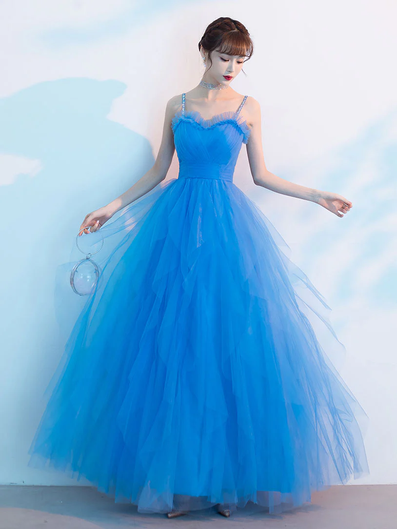 Blue Sweetheart Neck Tulle Long Prom Dress, Blue Evening Dress - Deanwangkt