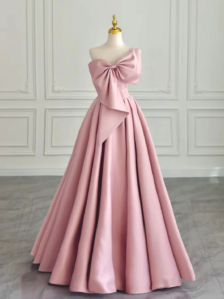 A-Line Sweetheart Neck Satin Pink Long Prom Dress, Pink Long Evening Dress - Deanwangkt