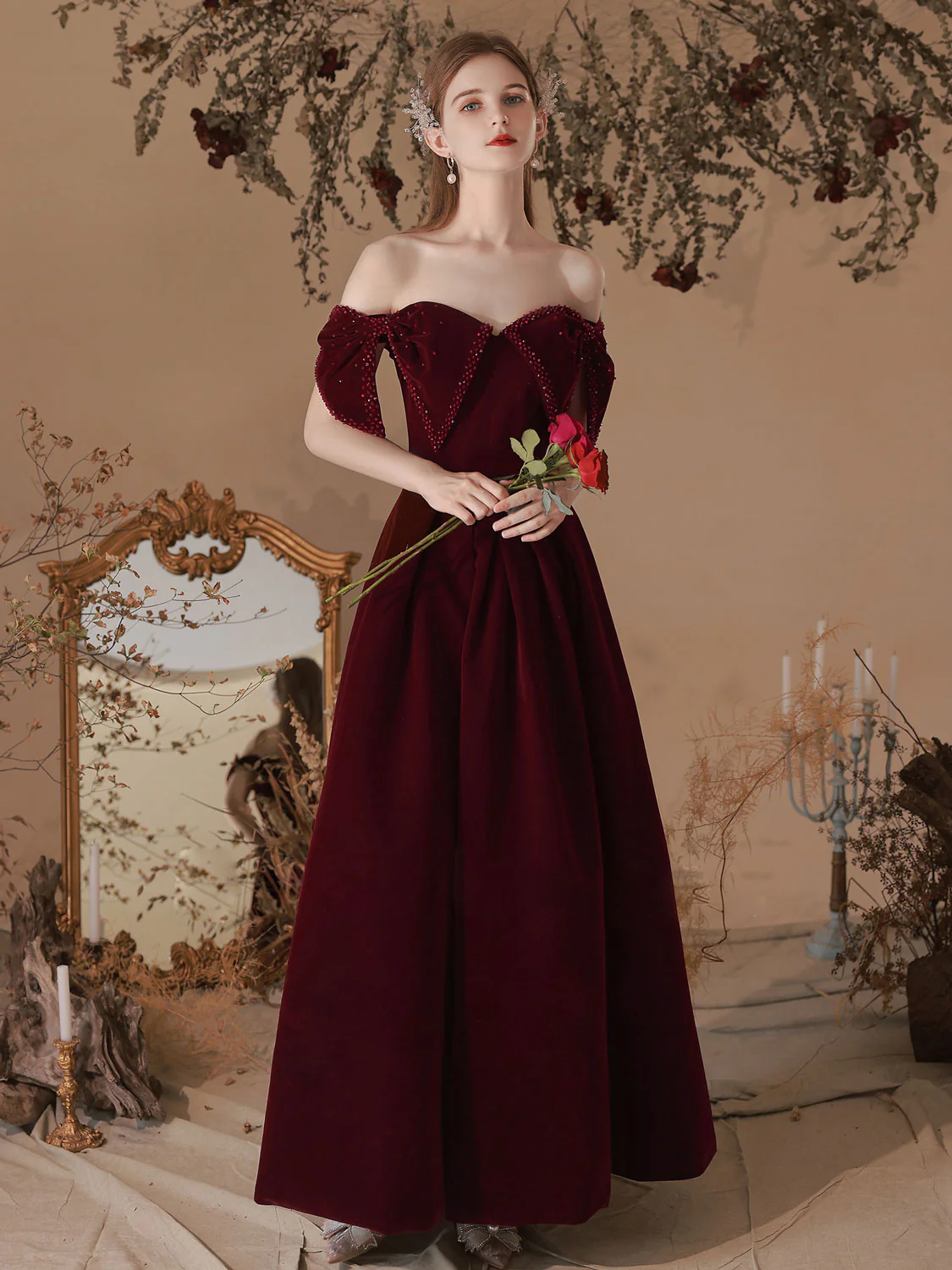 Velvet Sweetheart Neck A-Line Burgundy Prom Dress, Burgundy Evening Dresses - Deanwangkt
