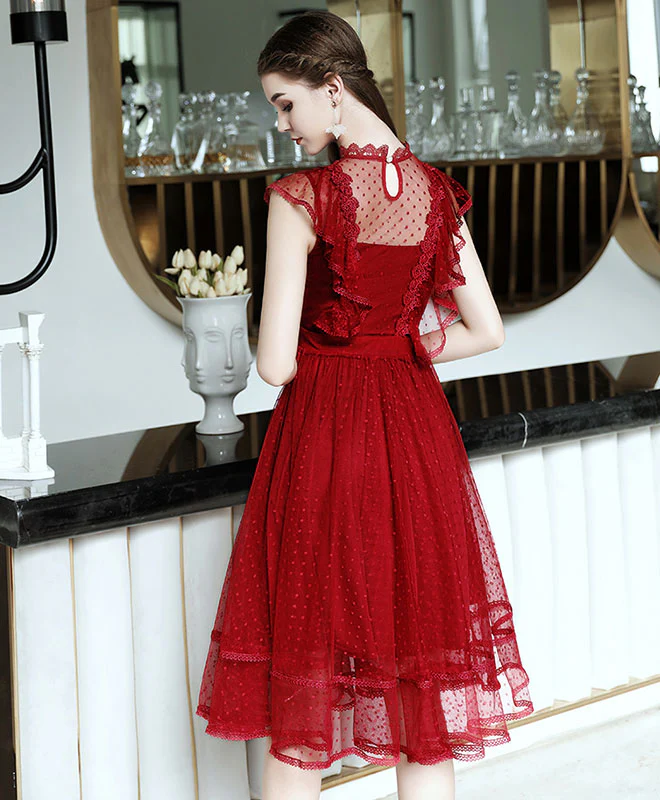 Burgundy Tulle Lace Short Prom Dress, Homecoming Dress - Deanwangkt