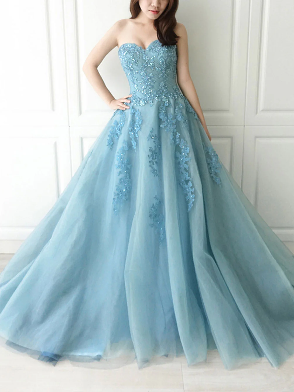 Blue Sweetheart Neck Tulle Lace Long Prom Dress, Blue Tulle Formal Dress - Deanwangkt