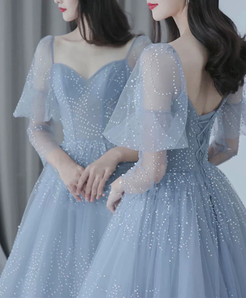 V Neck Tulle Sequin Blue Long Prom Dress, Blue Formal Graduation Dress - Deanwangkt