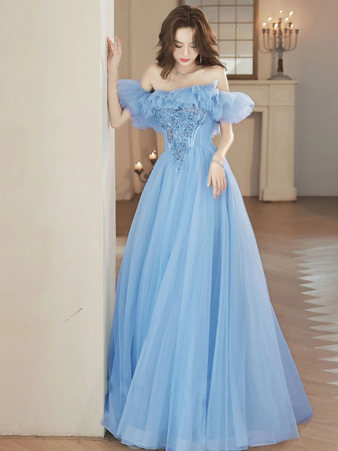 A-Line Tulle Lace Blue Long Prom Dress, Blue Formal Dresses - Deanwangkt