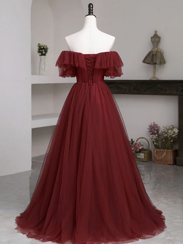 Simple Burgundy A line Long Prom Dresses, Burgundy Bridesmaid Dresses - Deanwangkt