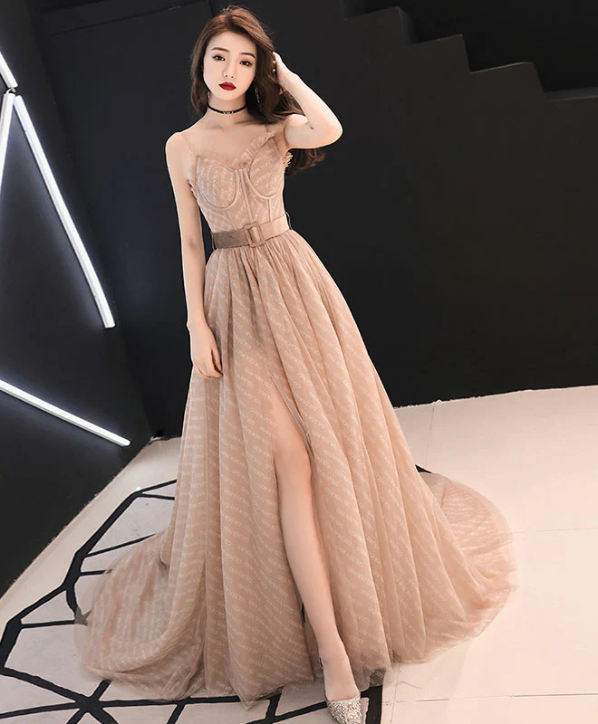 Champagne A-Line Tulle Long Prom Dress Champagne Evening Dress - Deanwangkt