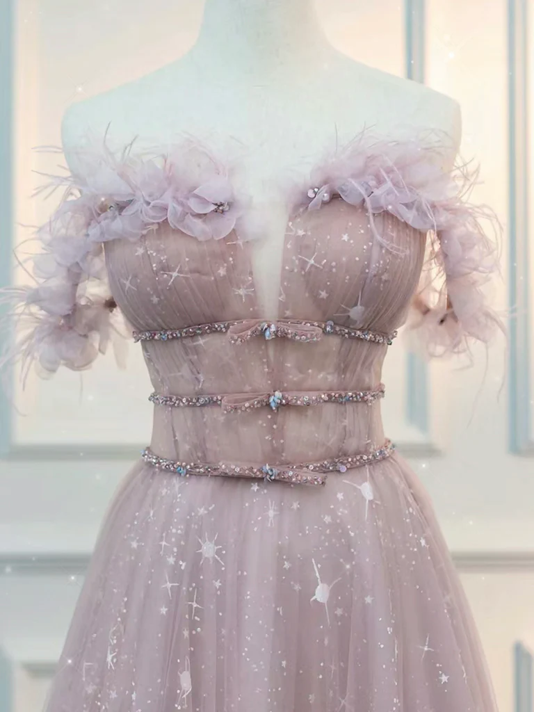 A-Line  Off Shoulder Tulle Pink Long Prom Dress, Pink Graduation Dress with Beads - Deanwangkt
