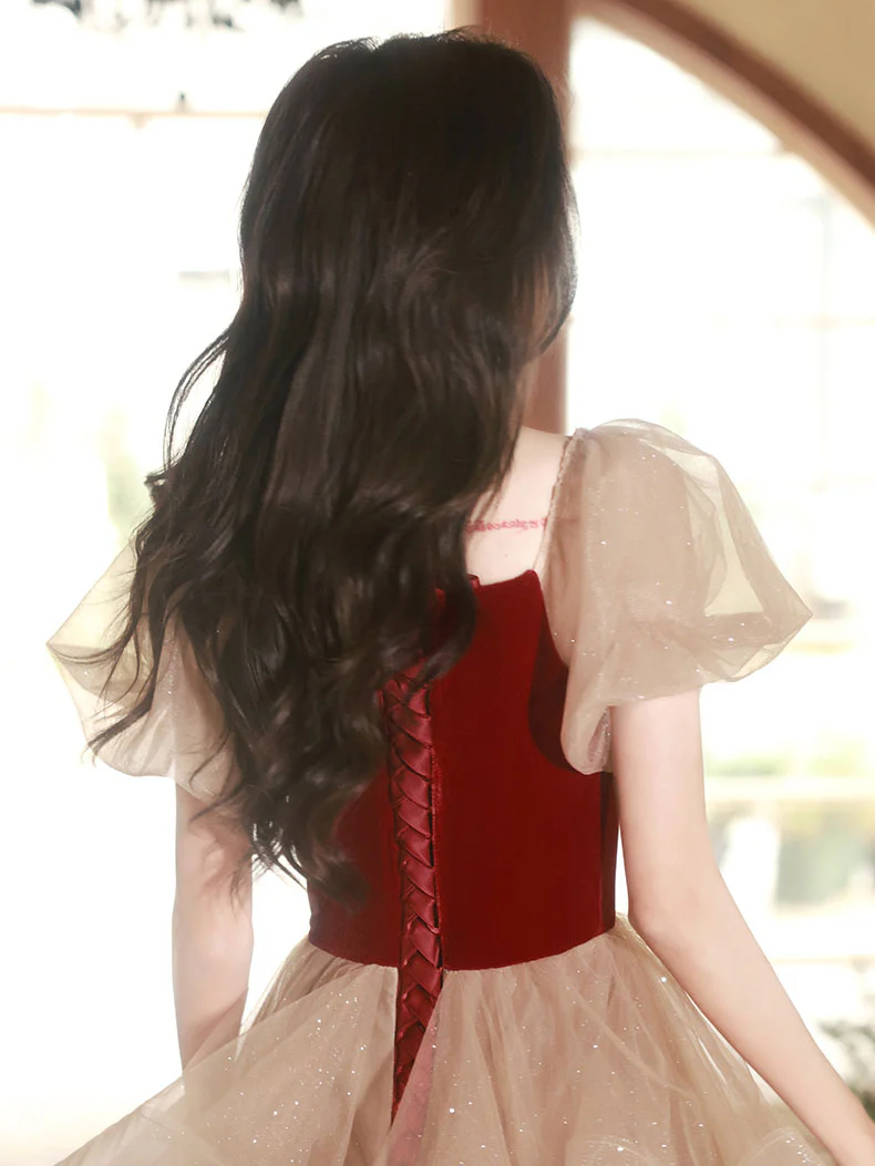 Champagne/Burgundy Tulle Short Prom Dress, Champagne/Burgundy Homecoming Dress - Deanwangkt