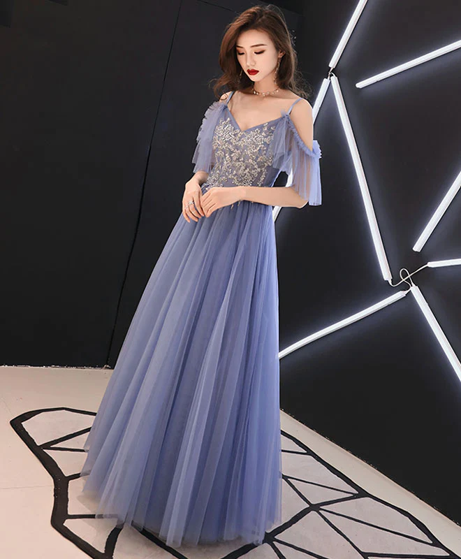 Blue V Neck Tulle Lace Long Prom Dress, Blue Tulle Evening Dress - Deanwangkt