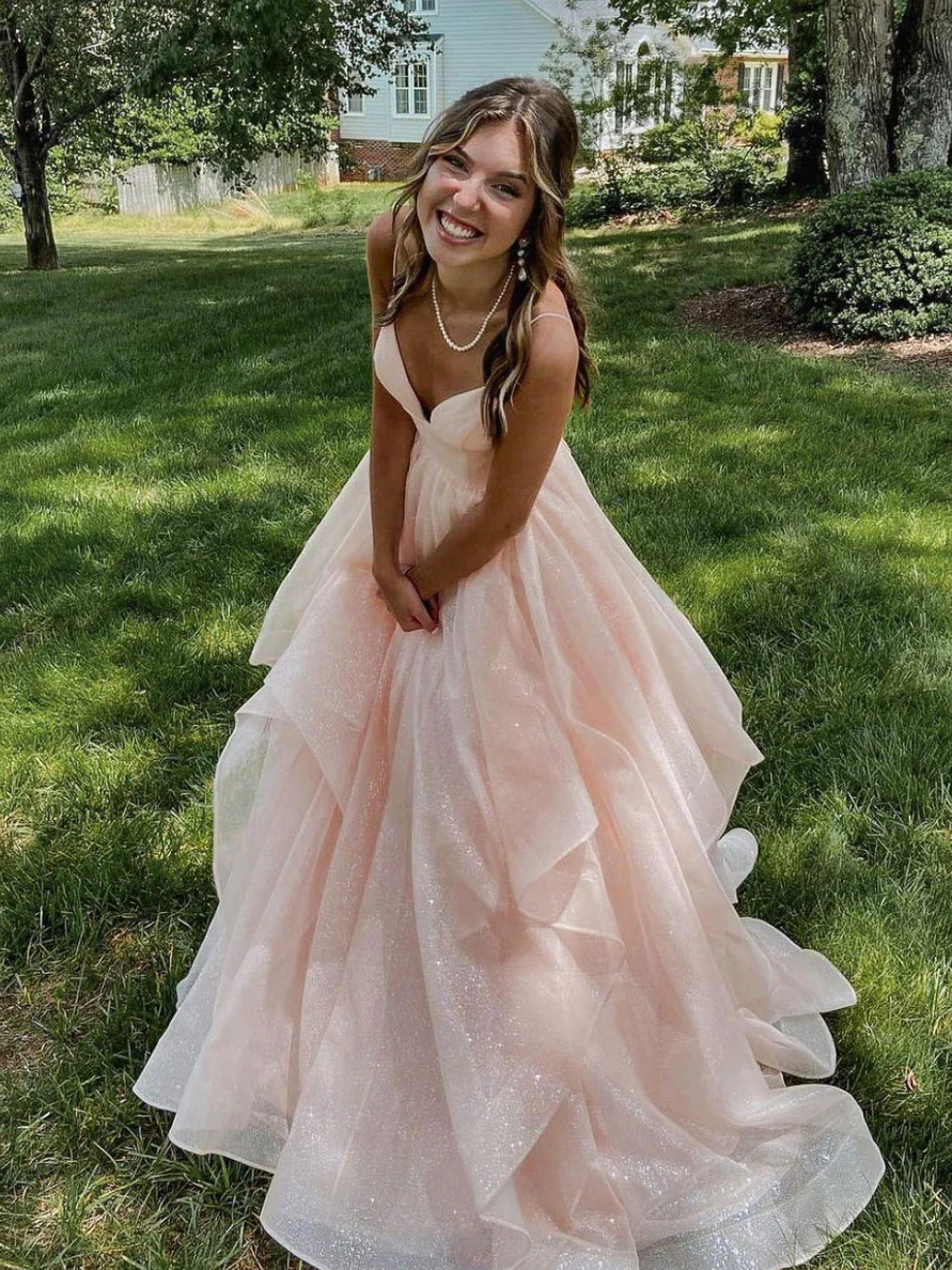 Pink Long Prom Dress, Pink V Neck Tulle Formal Graduation Dresses - Deanwangkt