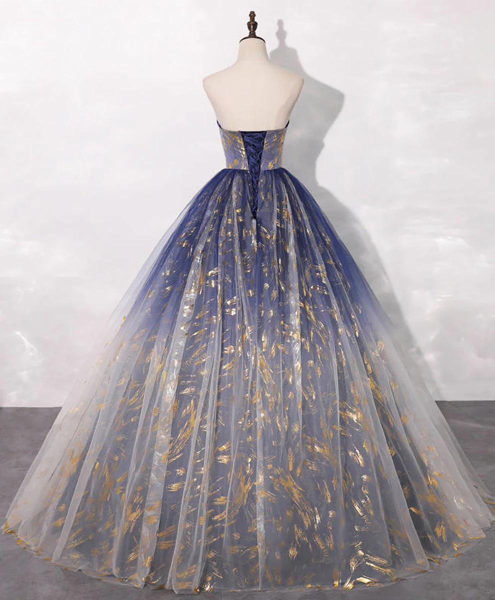 Blue A line Tulle Lace Long Prom Dress, Tulle Formal Blue Graduation Dresses - Deanwangkt