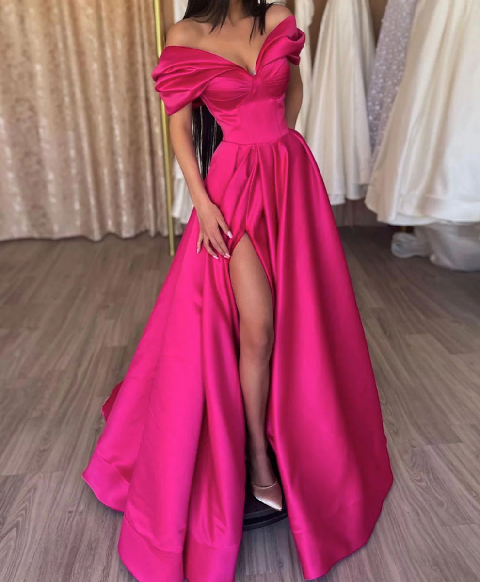 Simple V Neck Off Shoulder Satin Long Prom Dress, Red A Line Evening Dress - Deanwangkt