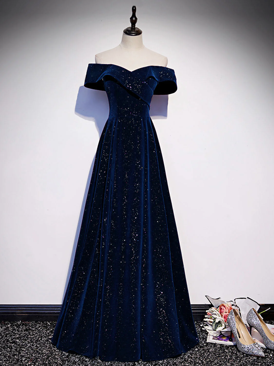 A-Line Off Shoulder Velvet Dark Blue Long Prom Dress, Dark Blue Long Formal Dress - Deanwangkt