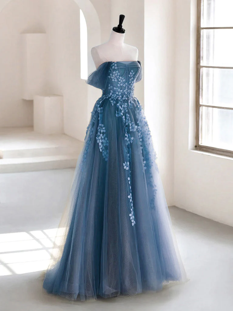 A-line Off Shoulder Gray Blue Tulle Long Prom Dress, Gray Blue Long Formal Dress - Deanwangkt