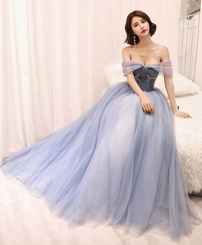 Gray Tulle Long Prom Dress, Gray Evening Dress - Deanwangkt