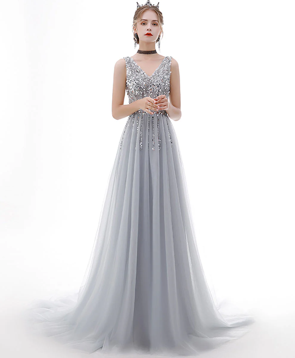 Gray V Neck Tulle Sequin Long Prom Dress Gray Tulle Formal Dress - Deanwangkt