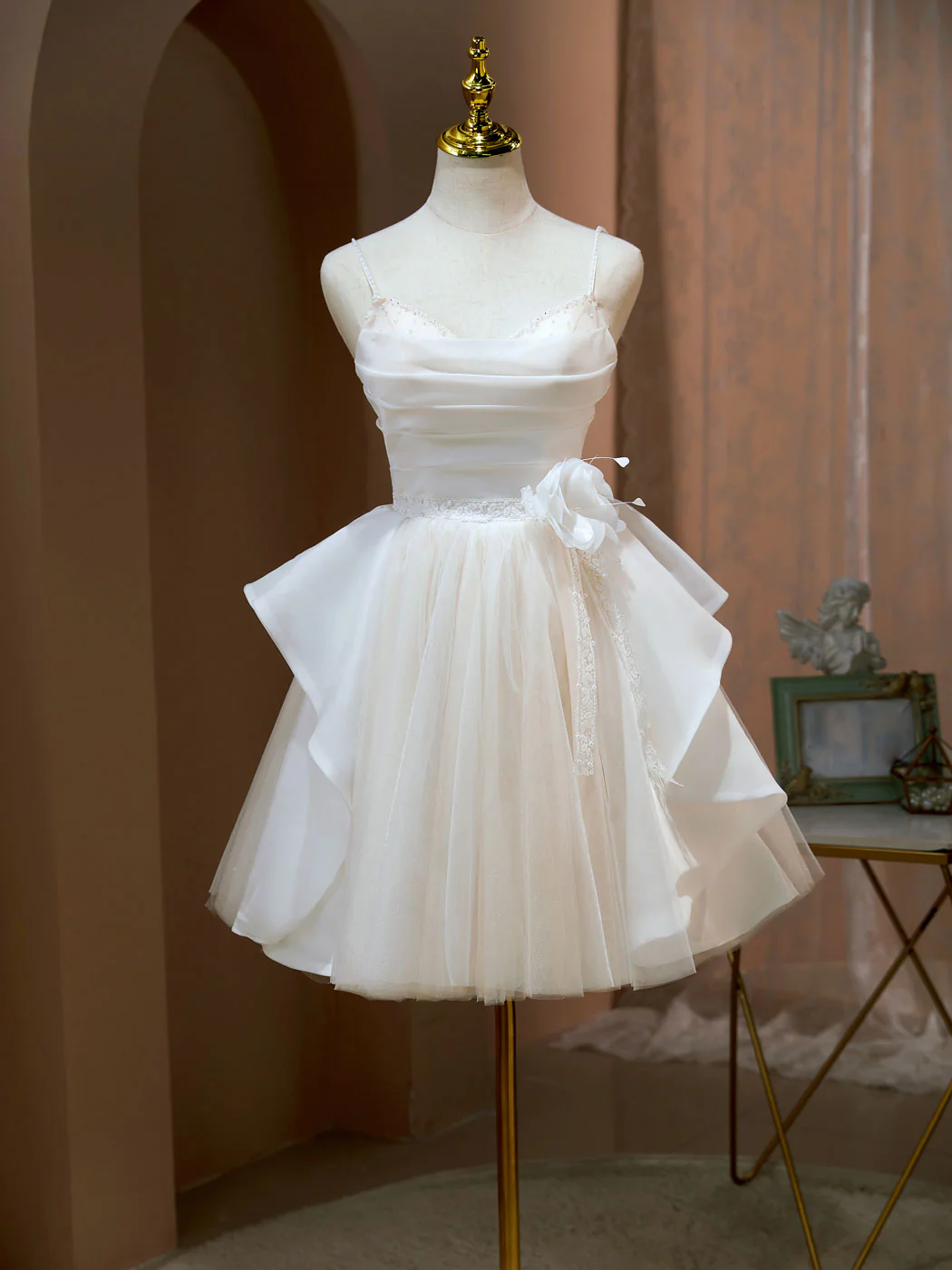 A Line V Neck Champagne Short Prom Dresses, Formal Mini Gown Cute Puffy Homecoming Dresses - Deanwangkt