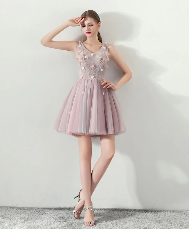 Cute V Neck Tulle Short Prom Dress, Pink Homecoming Dress - Deanwangkt