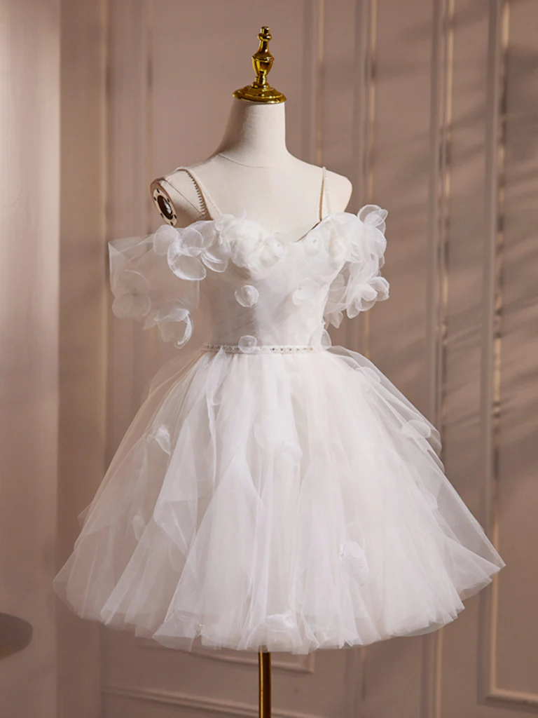 A-Line Off Shoulder Tulle White Short Prom Dress, Cute White Homecoming Dress - Deanwangkt