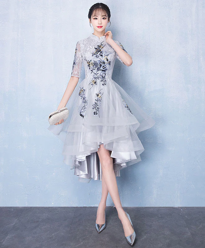 Cute Gray Tulle Lace Applique High Low Prom Dress, Gray Homecoming Dress - Deanwangkt