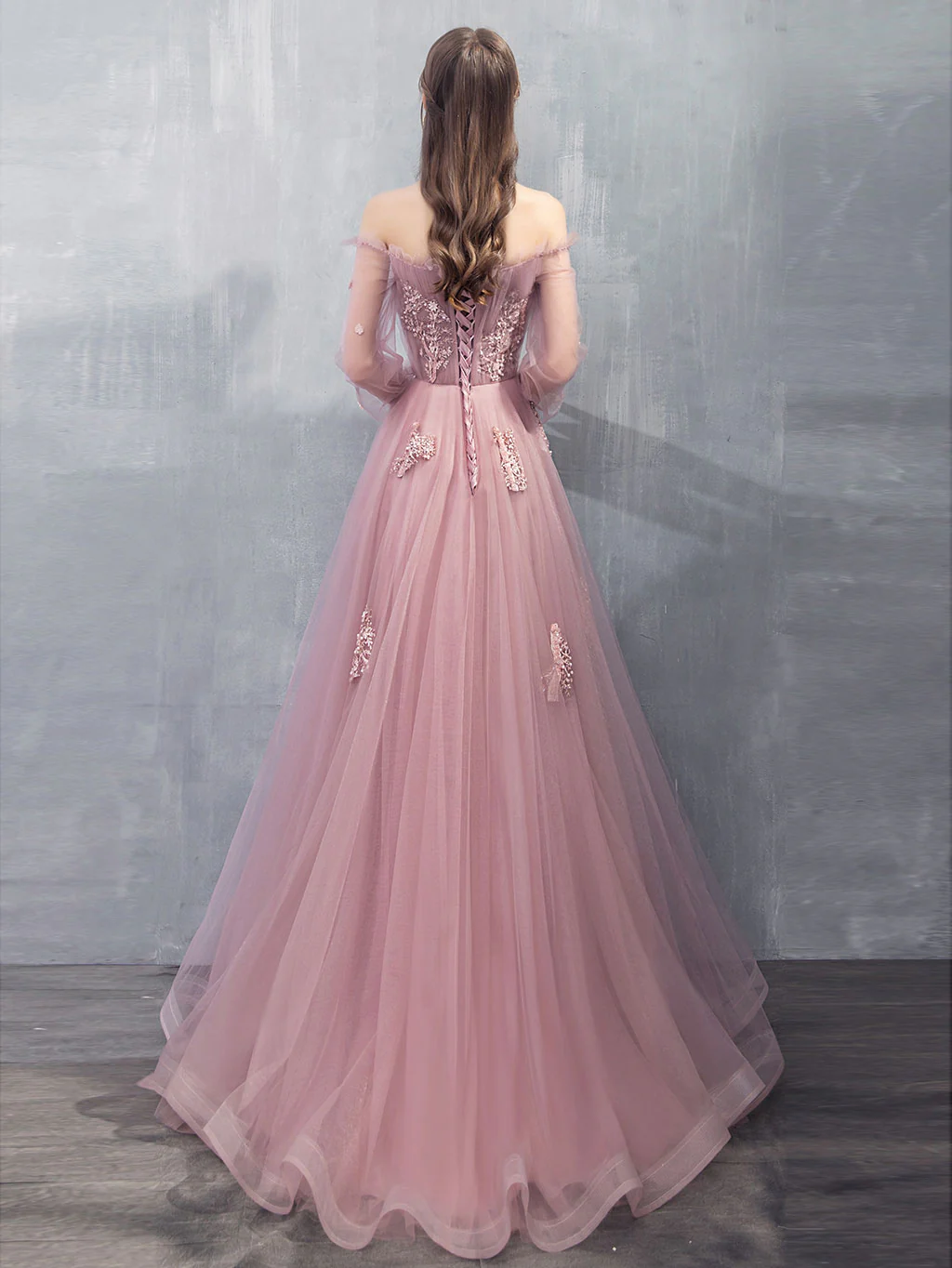 Pink A-line Tulle Lace Long Prom Dress Pink Lace Evening Dress - Deanwangkt