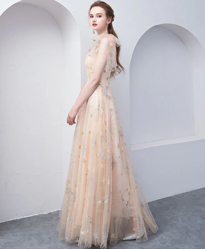 Champagne Tulle V Neck Long Prom Dress, Champagne Tulle Evening Dress - Deanwangkt