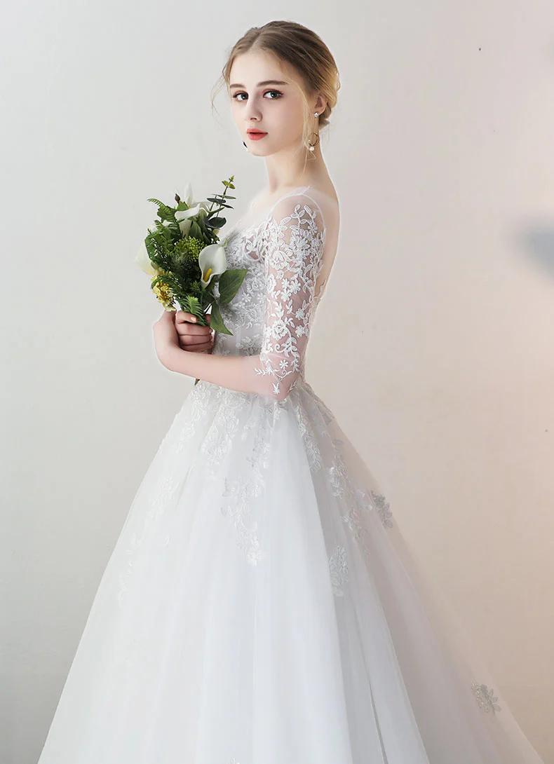 White Round Neck Tulle Lace Long Bridal Gown Lace Wedding Dress - Deanwangkt