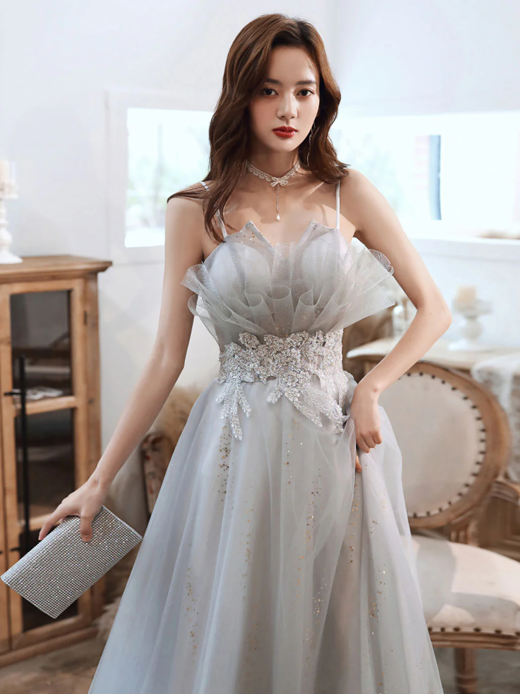 Gray A line Tulle Long Prom Dress, Gray Formal Graduation Dress with Lace Applique - Deanwangkt