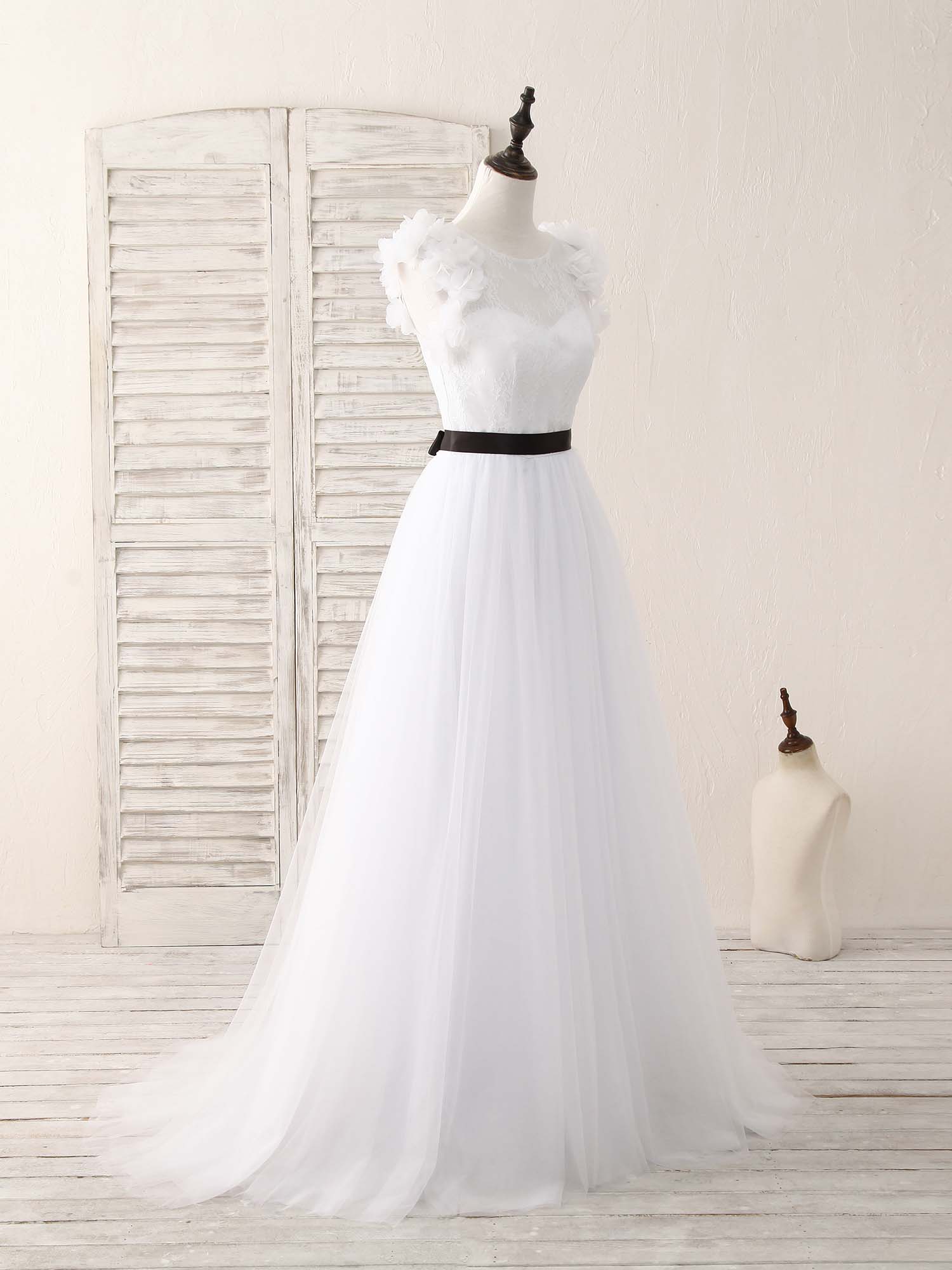 White A-Line Lace Tulle Long Prom Dress, White Evening Dress - Deanwangkt